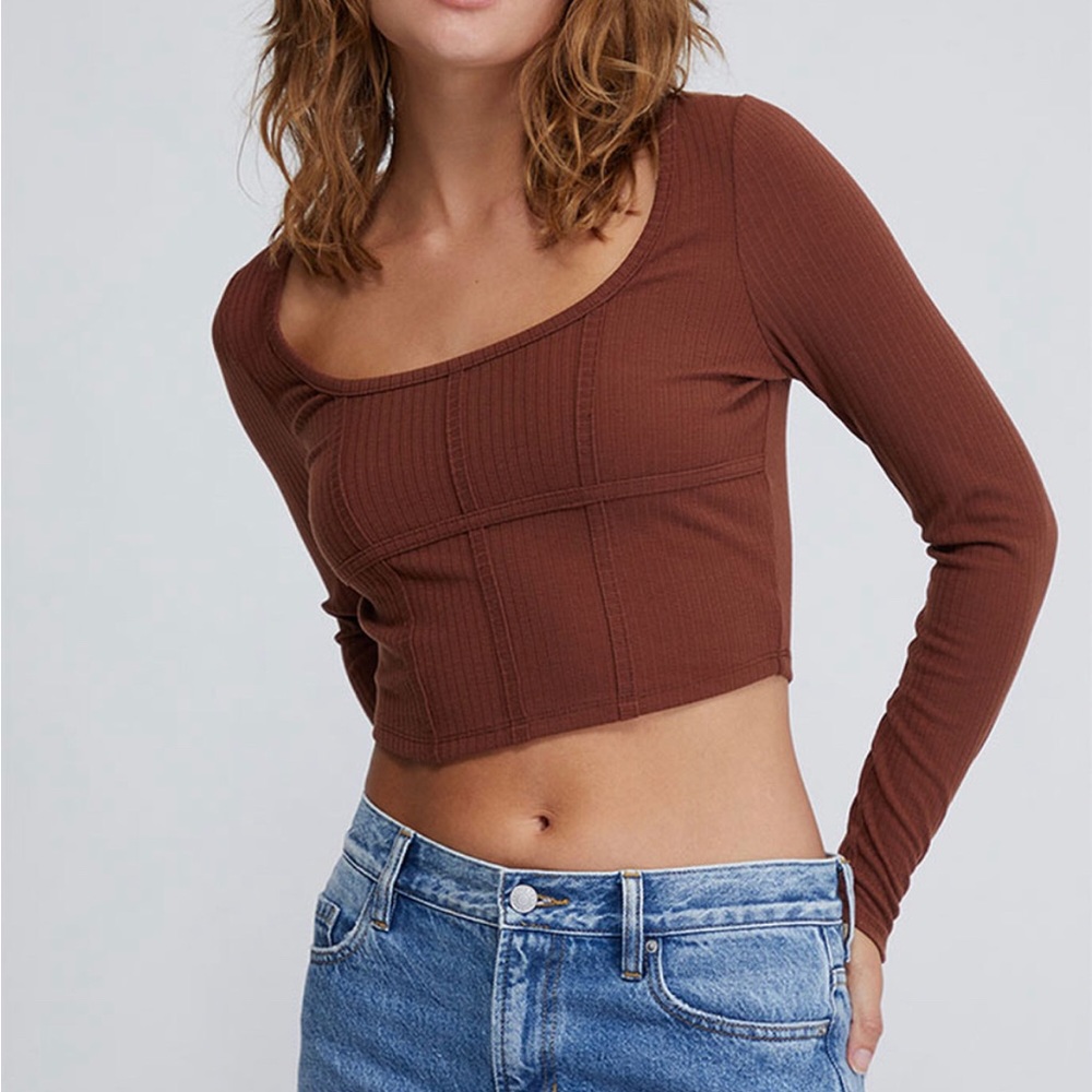 PACSUN PacCares Brown Science Long Sleeve Bustier Top